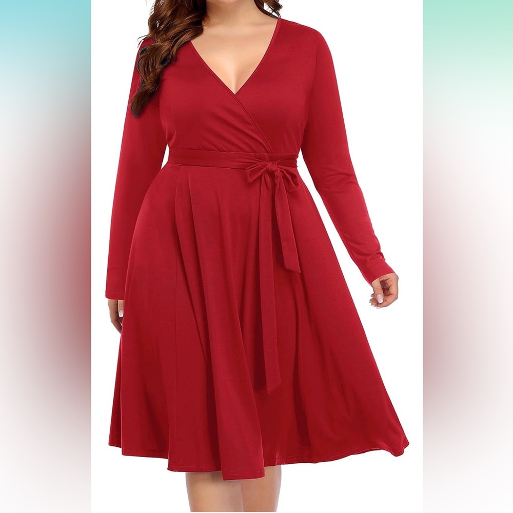 Nets! Beautiful Rich Red! Plus Size Faux Wrap V Neck 3/4 Sleeve Fit and Flare